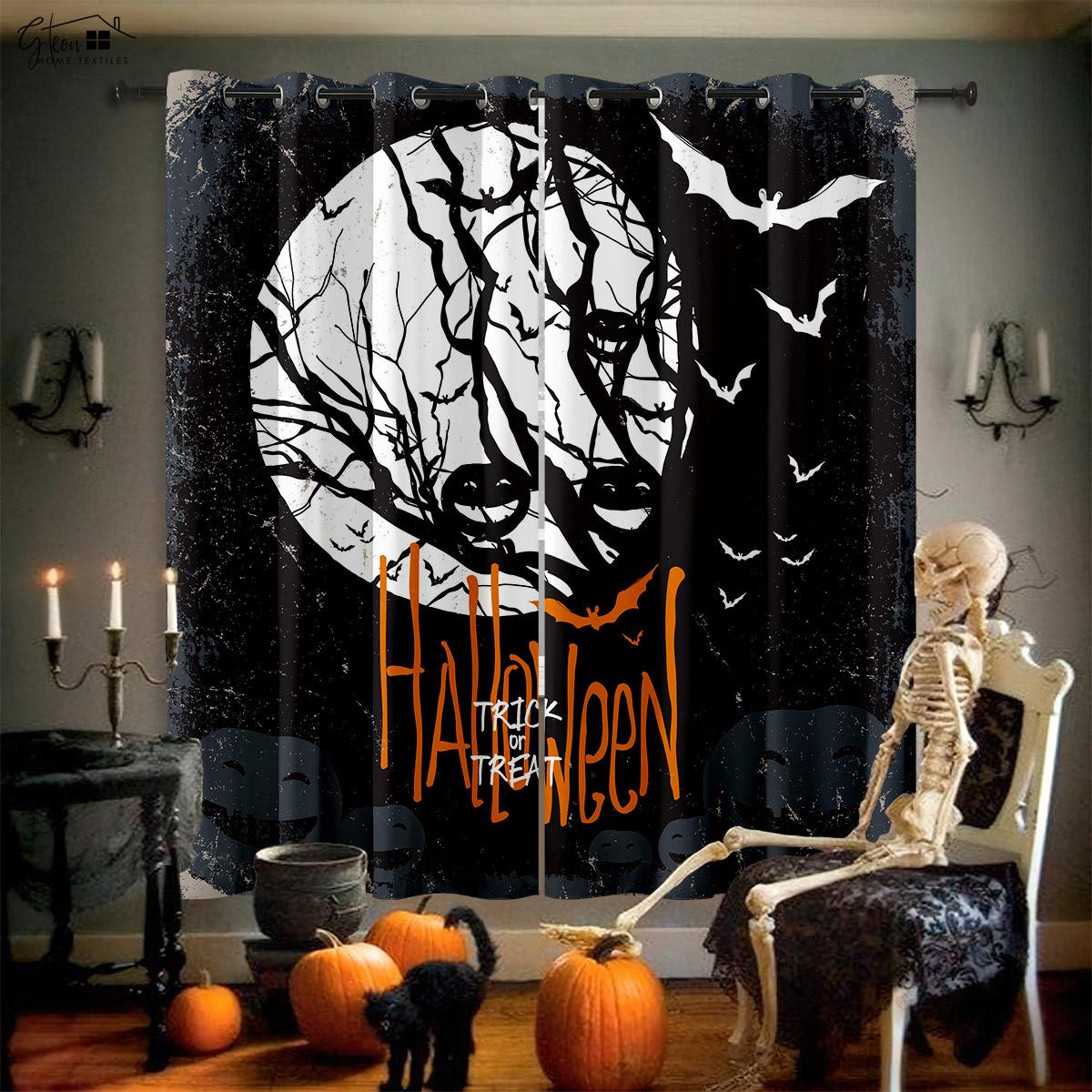 Halloween Vorhänge Horror Schloss Kürbis Klassischer Cartoon Druck Vorhänge Kinderzimmer Restaurant Party Dekoration Vorhänge W50xH130(CM)x2PCS&Grommet Top