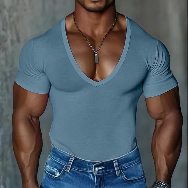 Herren Kurzarm V-Ausschnitt T-Shirt Herren Slim Fit Einfarbig Freizeit T-Shirt Kurzarm Herren Oberteil M pfau blau