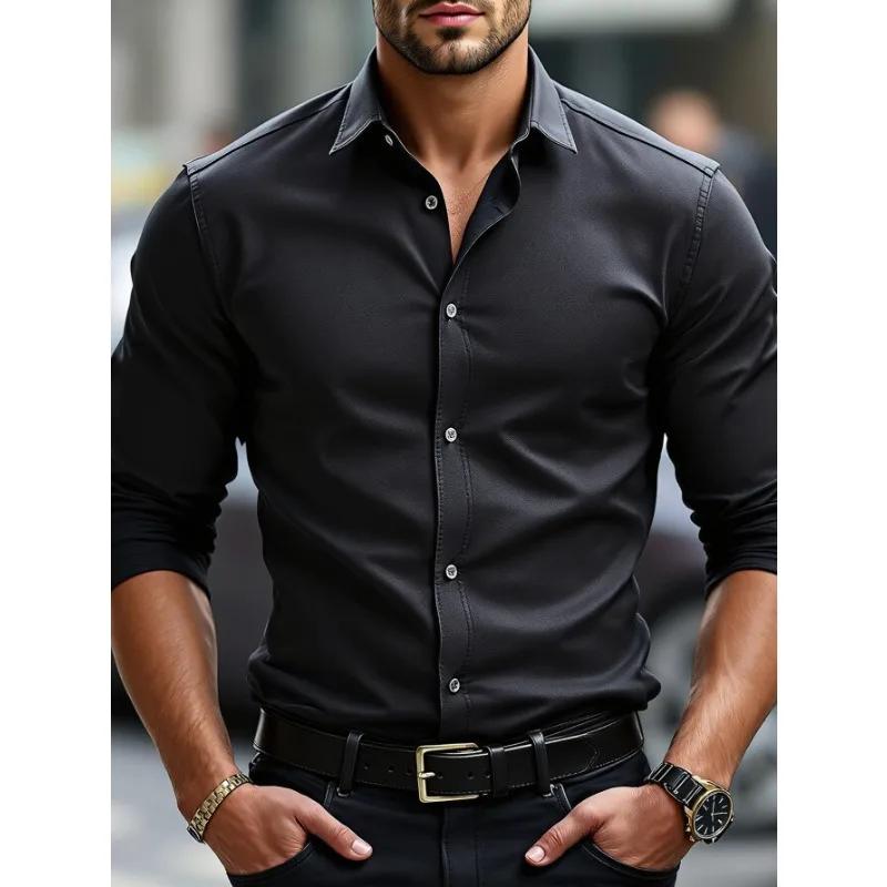 Bolubao Neue Herrenhemden Mode Langarm Lässig Einfarbig Elastisch Männlich Hochzeitskleid Hemd XL schwarz