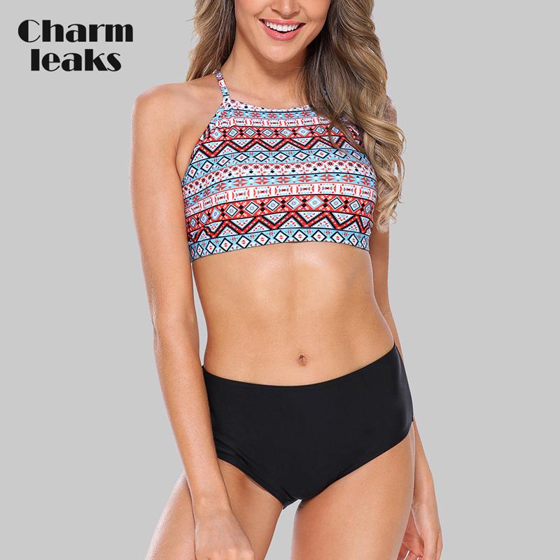 Charmleaks Damen-Bikini-Set, Neckholder, Badebekleidung, hoher Ausschnitt, Badeanzug, bedruckt, Badeanzug, Strandmode XL grün