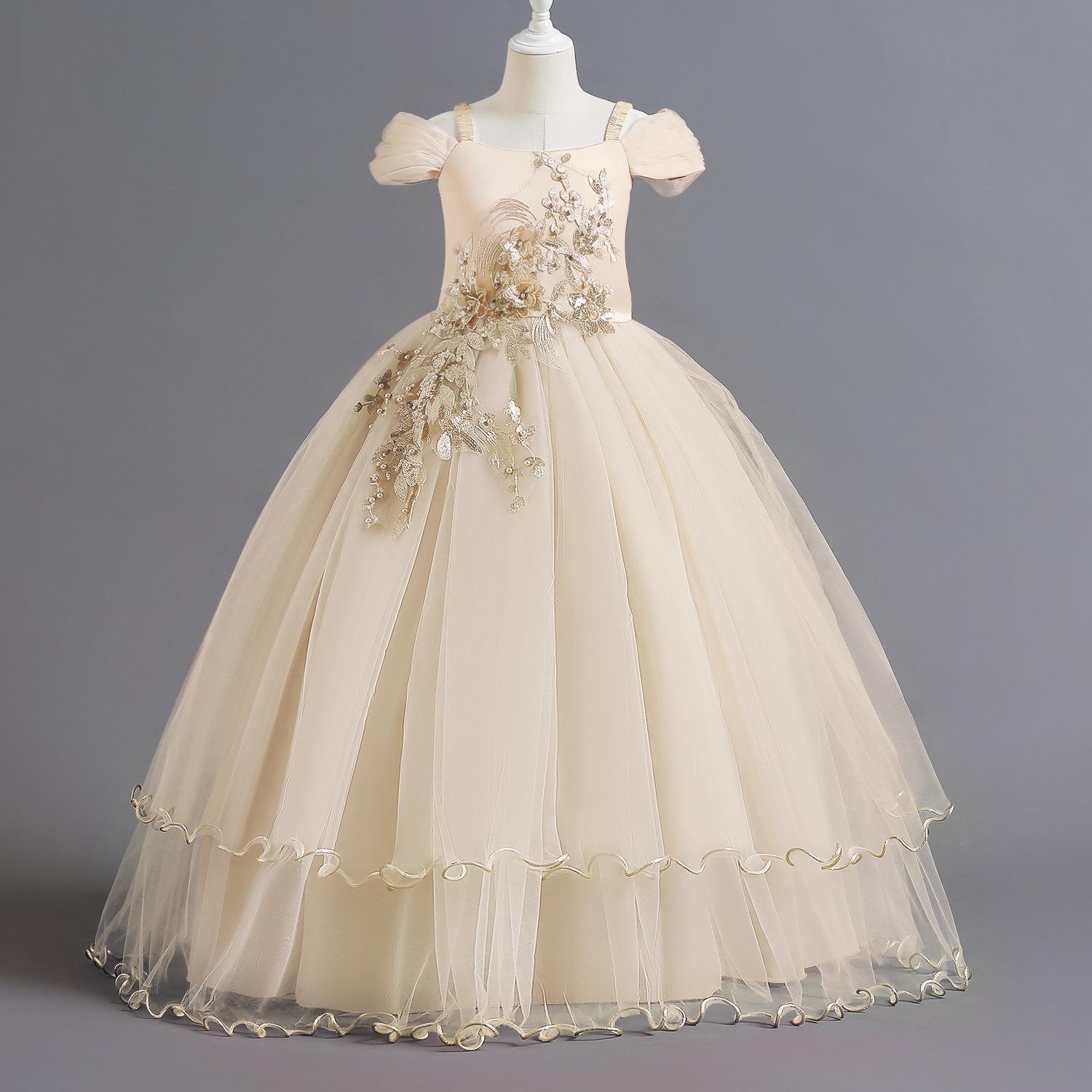 Mädchen Sommerkleid Stickerei Brautjungfer Prinzessin Kleid Kinder für Mädchen Kinder Party Hochzeitskleid 130cm apricot
