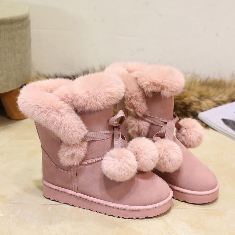 Warme Pelz Frauen Schnee Stiefel Nette Wildleder Winter Schuhe Pelz Ball Mid-Kalb Stiefel Weibliche Mode Stiefel Nicht-slip Schnee Casual 39 rosa