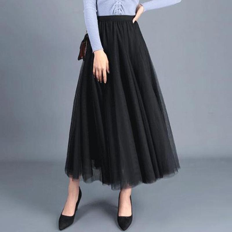 Frühling und Herbst Damen Rock Swing Puffy knöchellangen Rock hohe Taille schlank Fee Neckholder Netz Garn Rock A-Linie Rock One Size