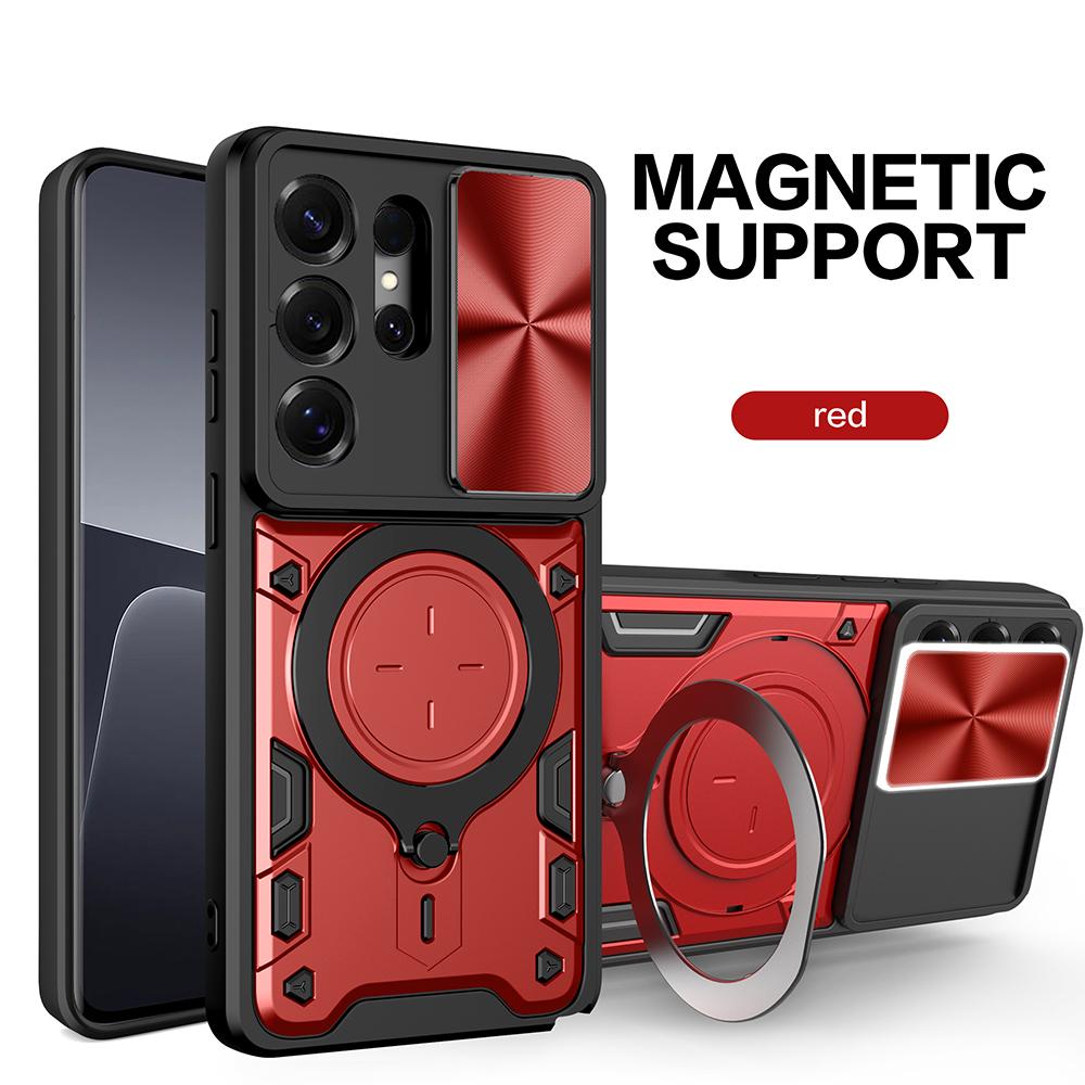 Magnetischer Ständer Hülle für Samsung Galaxy S26 Ultra S25 Plus S24 FE S23 Hülle Schiebende Kamera Vollständiger Schutz Rückabdeckung Capa For Galaxy S23 Ultra rot