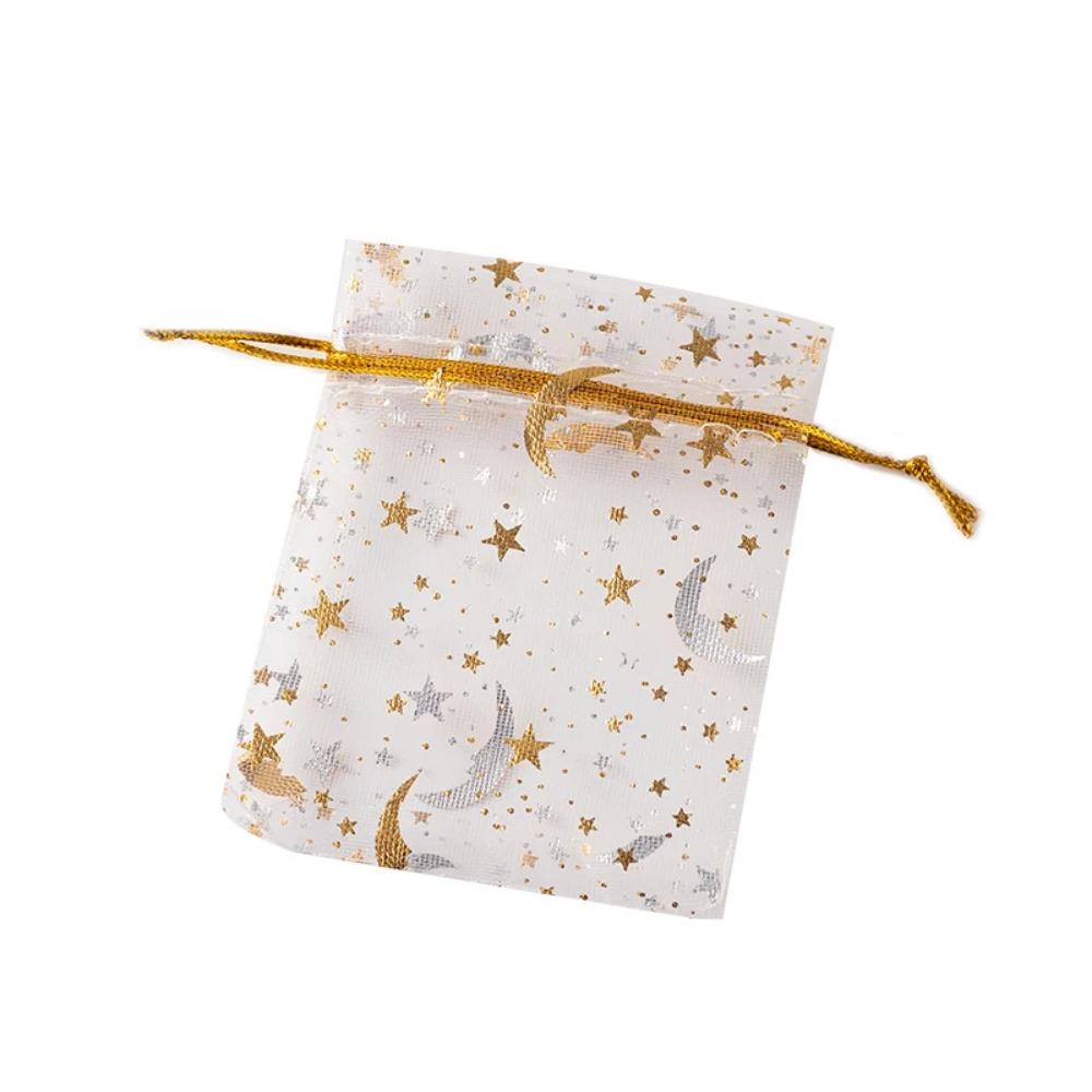 10 Stück Organza Geschenktüten Mehrfarbig Mond & Stern – Schmuckbeutel für Hochzeit, Gastgeschenke, Süßigkeiten und Schmuckverpackung 10pcs weiß