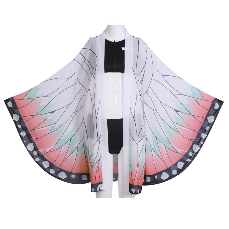 Demon Slayer Cosplay Kimetsu no Yaiba Kamado Tanjirou Cosplay Zweiteiliger Badeanzug mit V-Ausschnitt und durchsichtiger Kimono-Strickjacke S
