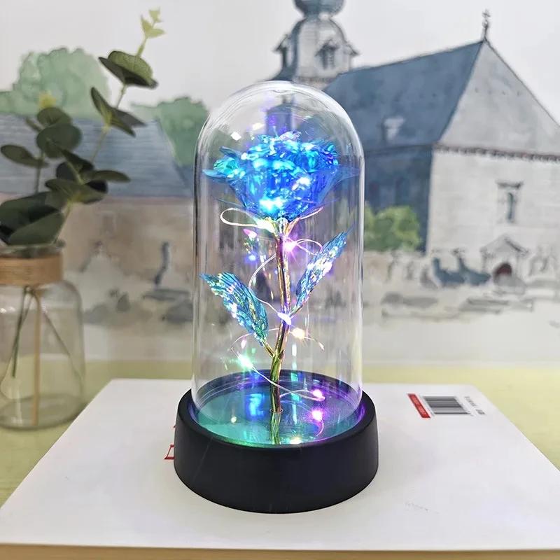 Künstliche Rosenblüten, Valentinstagsgeschenk für die Freundin, ewige Rose, LED-Licht, Folienblume, Hochzeitsdekor, Weihnachtsgeschenke Colorful light blau