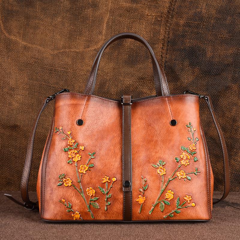 Damen-Handtaschen und Umhängetaschen aus echtem Leder mit Retro-Prägung, großes Fassungsvermögen, Rindsleder mit Blumenmuster braun