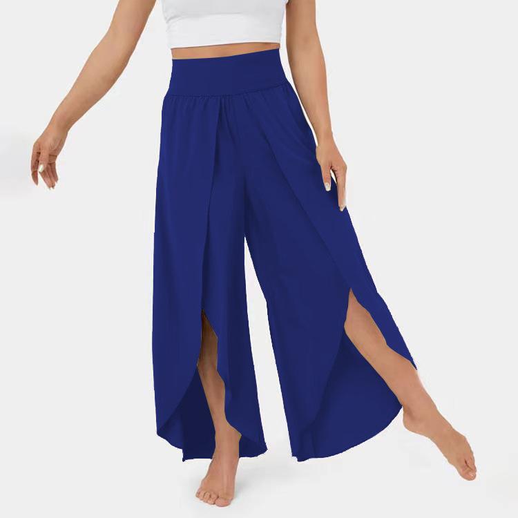 Frauen Hosen Hohe Taille Breiten Elastischen Bund Yoga Hosen Einfarbig Dünne Neunte-Länge Frauen Flowy Split Breite Bein hosen XL blau