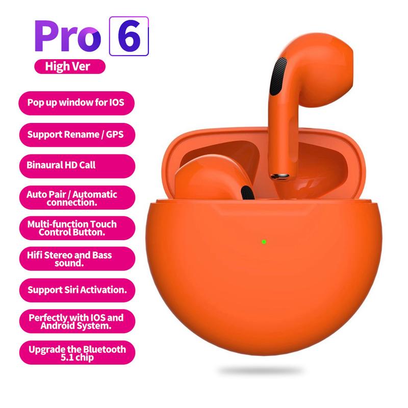 Air Pro 6 Kabellose Kopfhörer mit Mikrofon, Fone Bluetooth-Kopfhörer, Sport-Ohrhörer, Lauf-Pro6-Headset für Apple IPhone Xiaomi orange