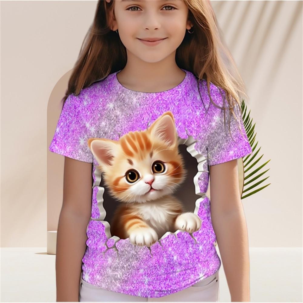Kinder-T-Shirt für Mädchen mit Farbverlauf und Pailletten, Kawaii-Katze, kurzärmelig, Rundhalsausschnitt, Pyjama für Kinder, Kleidung für Mädchen von 2 bis 7 Jahren 160