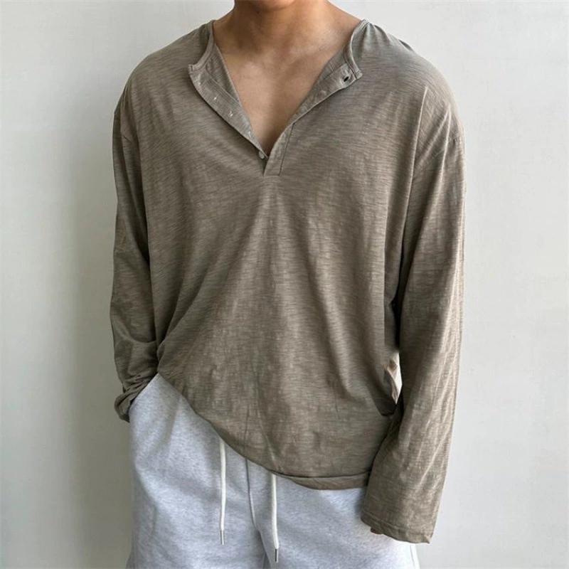 Baumwolle Herren Langarm T-Shirts für Männer Blusen Koreanischer Trend Harajuku Lose T-Shirts Frühling Herbst Bottoming Shirts Weich XXXL braun