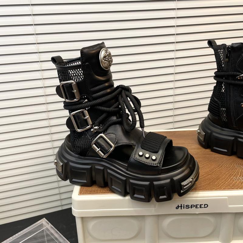 Fashion Women's Fashion Summer Cool Boots Metal Belt Buckle Retro Womens Sandal Platform Hollow Out Punk Belt Buckle Sandals Botas Mujer 39 schwarz