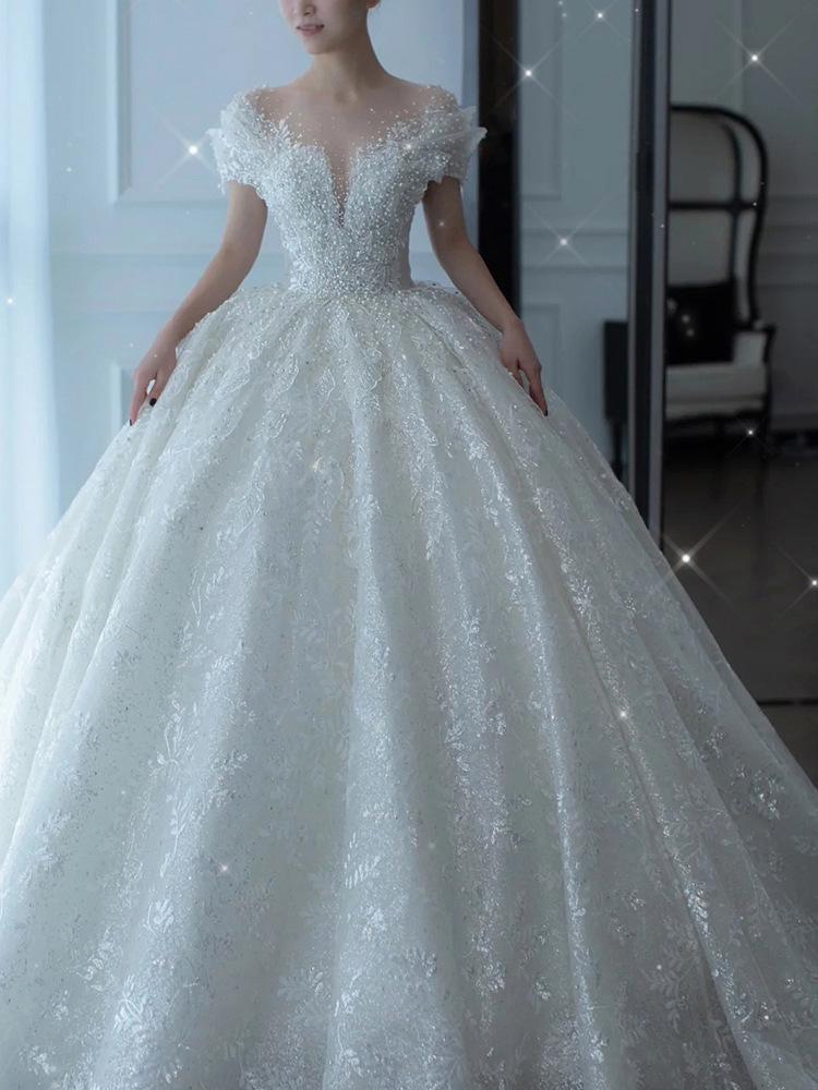 Französisches Luxus-Hochzeitskleid 2025 für zierliche schwangere Bräute - Prinzessinnenstil mit Schleppe und schwerer Stickerei (D102) M