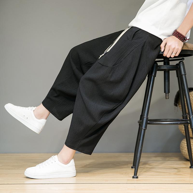Herren Chinesischer Stil Sommer Haremshose Herren Baggy Freizeithose Herren Locker Geschnitten Trendy Lange Hose Pumphose Herren Einfarbig Hose XL schwarz