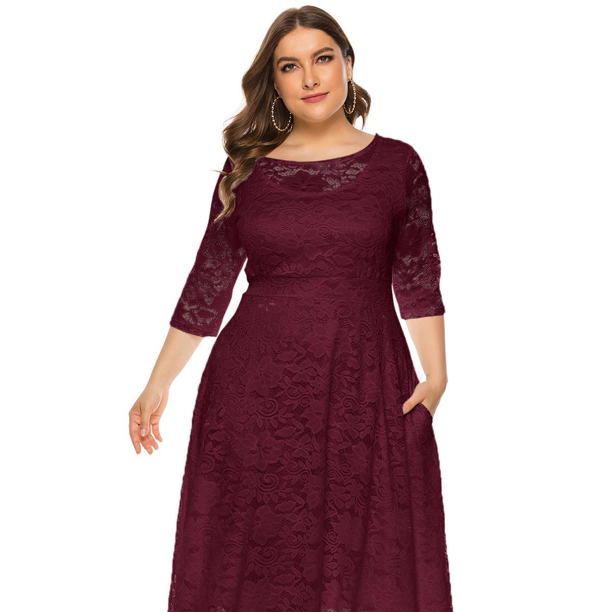 Plus Größe Xl-6xl Neue Mode Beliebte Abendkleid Mittlerer Länge Hohle Spitze Frauen Kleider Rot Weiß Schwarz Blau Grün Kleidung XXL weinrot