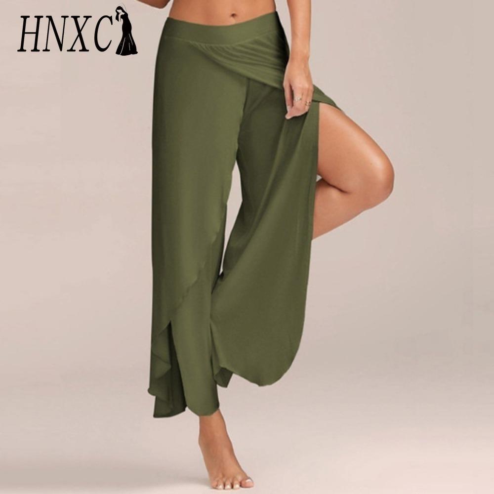 HNXC 10 Farben Damen Palazzo Boho Weitbein Hose Chiffon Rock Schlaghose Yoga Hose Übergröße S armee grüne
