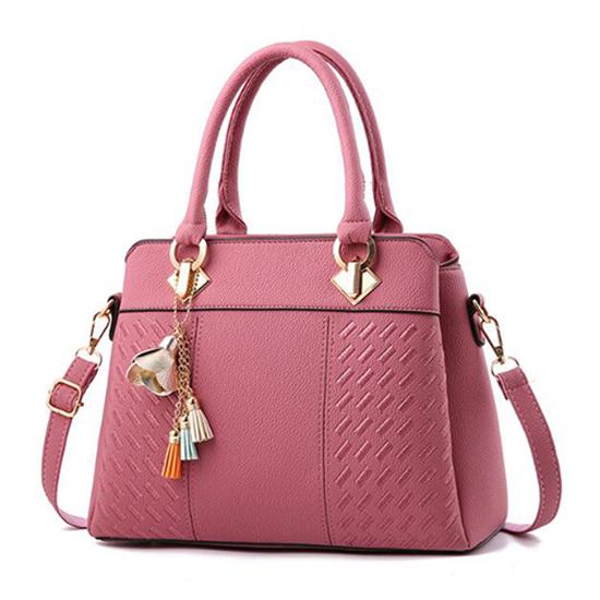 Damen-Handtaschen aus Leder mit Quaste und Stickerei, Schultertasche mit Tragegriff oben 31cm*14cm*23cm dunkel rosa