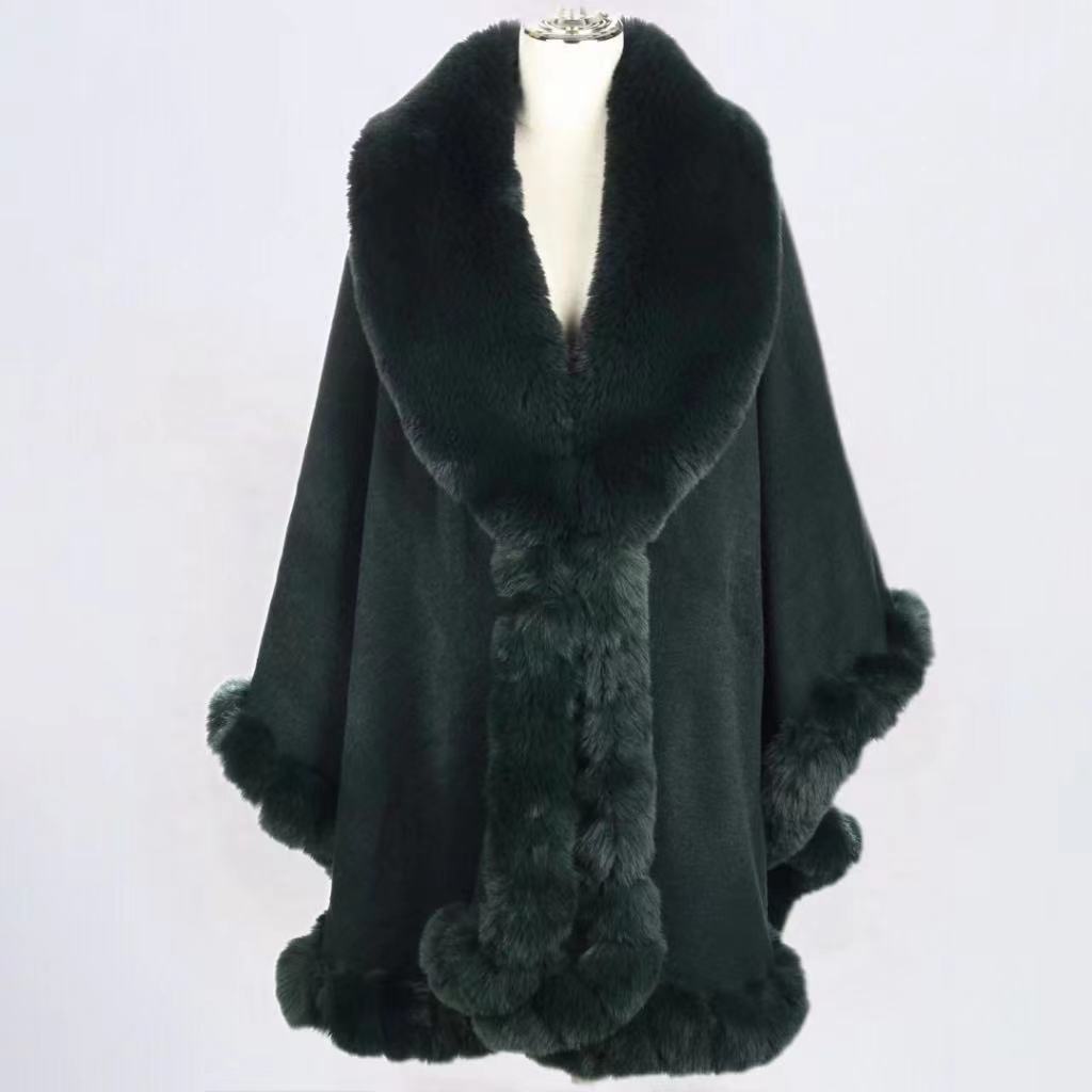 Eleganter V-Revers-Faux-Rex-Kaninchen-Pelz-Mantel-Umhang-Winter-Frauen-großer langer Schal-voller Trim-Pelz-Strickmantel-Mantel-großer Parka One size dunkelgrüne
