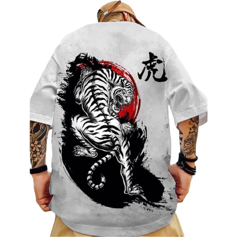 Modische Herren-T-Shirts mit japanischem Samurai-Aufdruck, Sommer, O-Ausschnitt, kurzärmelig, lose T-Shirts, Streetwear, Hip-Hop-Tops, 3XL M gray