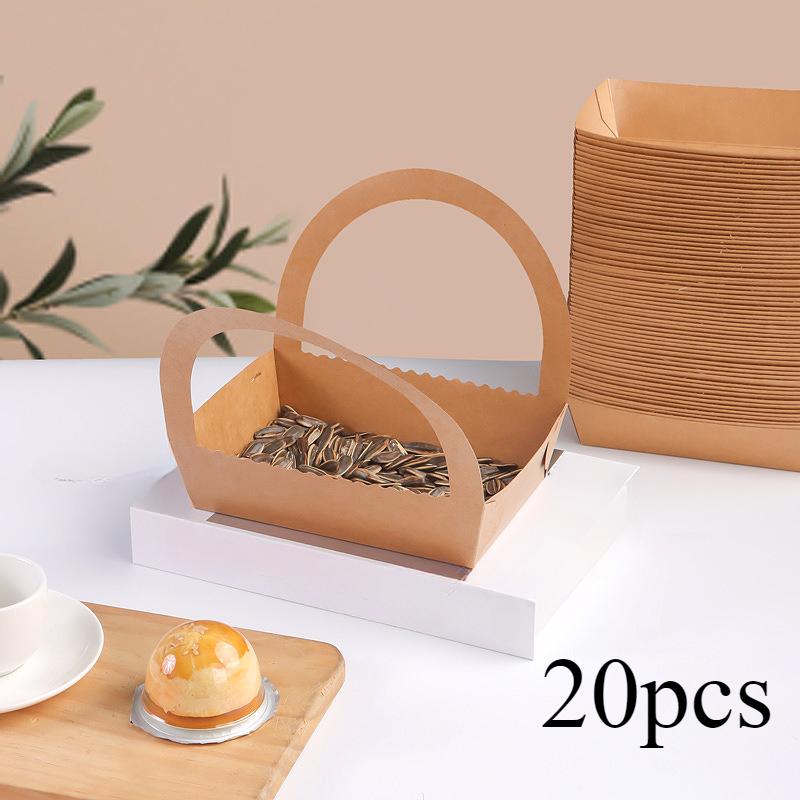 20 Stück Einweg-Faltboot-Box, Picknick-Offene Verpackungsbox, Lebensmittelbehälter, geeignet für Desserts, Kekse, Kuchen, Süßigkeiten, Geburtstagsparty-Geschenk braun
