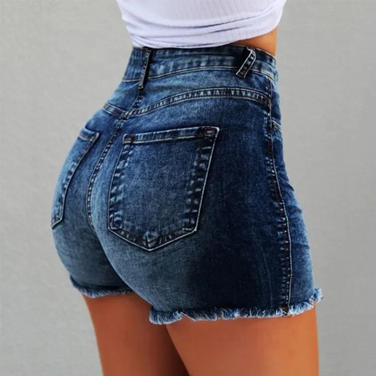 High Waist Short Pants Damenjeans Erhältlich in mehreren Farben Damen Denim Stretch Shorts Stretch Quaste Distressed S dunkelblaue