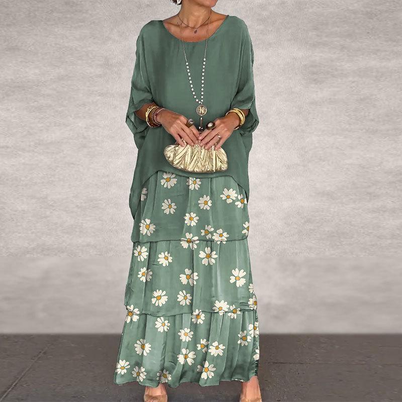 Sommer Damen Kleid Chiffon Mesh Fledermaus Ärmel Rundhals Lange Kleider 3XL moosgrün