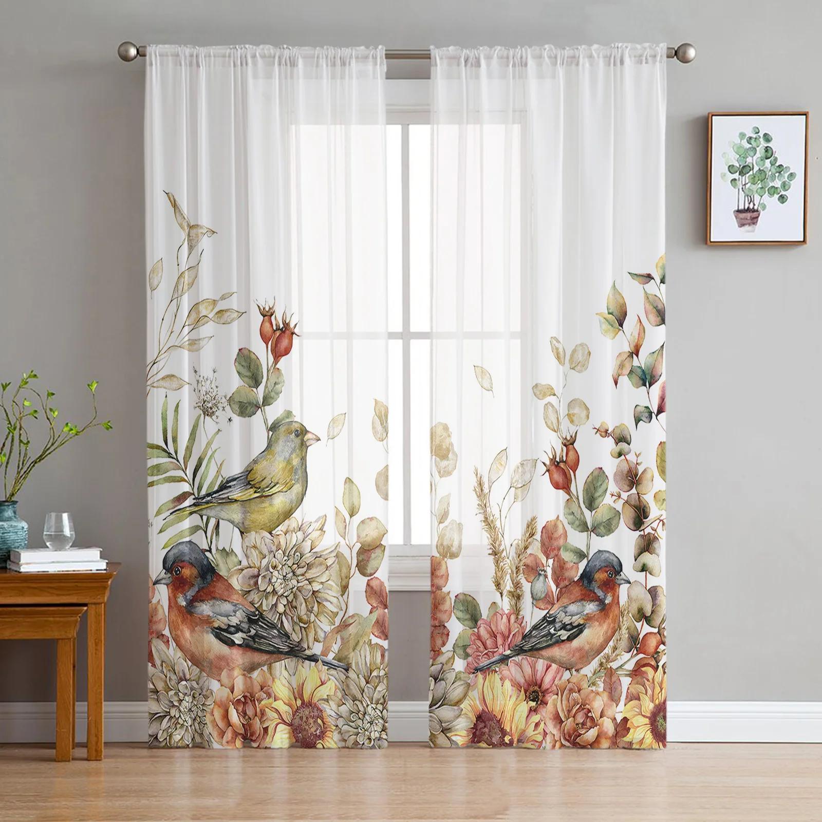 Landhausstil Blätter Robin Gardinen für Schlafzimmer Wohnzimmer Dekoration Fenster Vorhang Küche Tüll Voile Organza Vorhänge W135 x H115cm x1&Grommet Top white