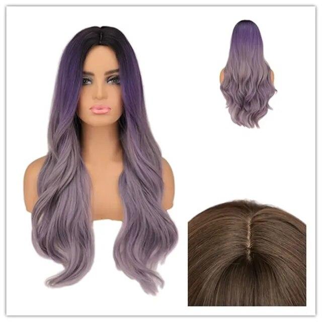 Lange gewellte Ombre-Blondine-Perücke, natürlicher zweifarbiger Mittelteil, hitzebeständiges Haar, synthetische Perücken für afroamerikanische Frauen 26inches beige