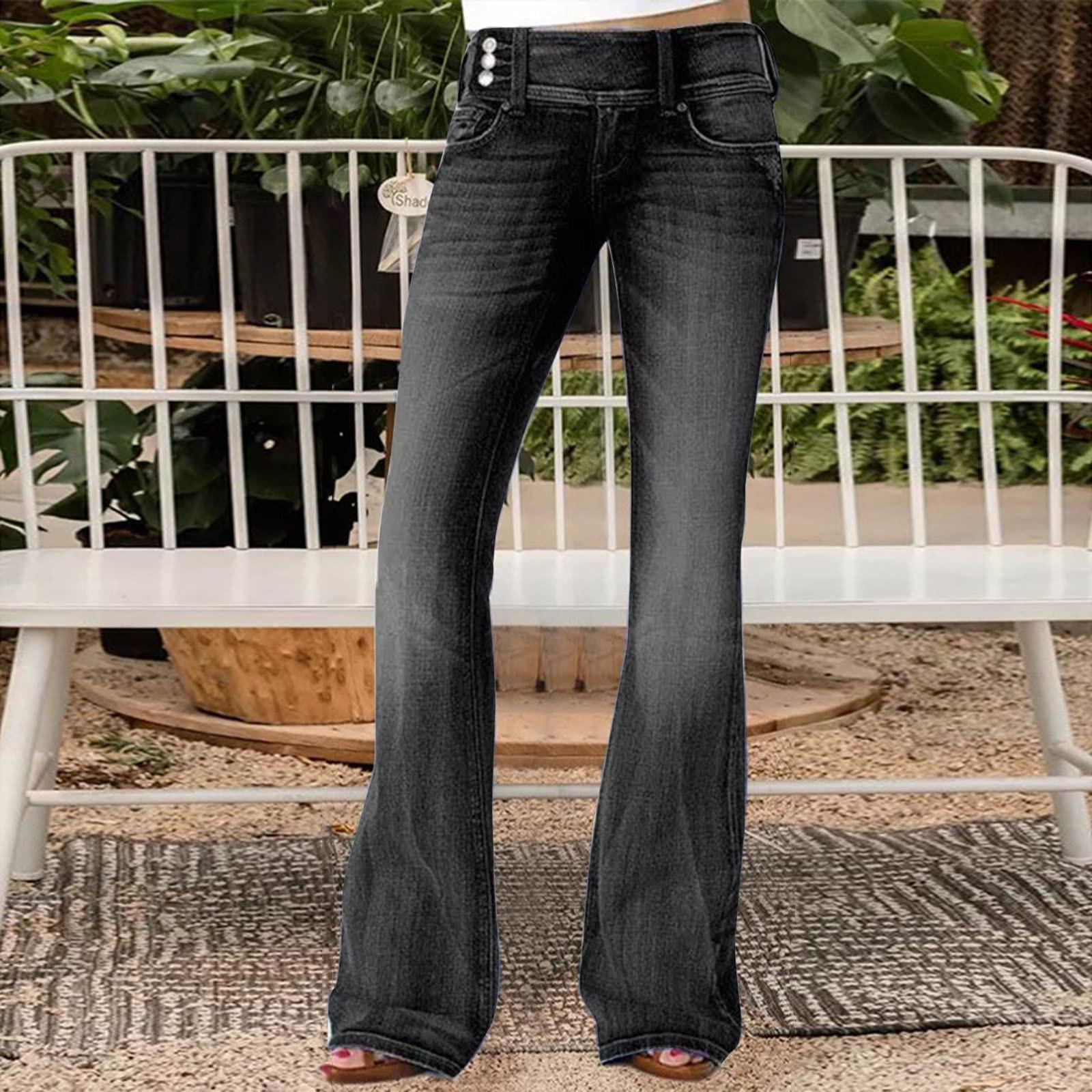 Jeans mit geradem Bein für Damen, zerrissener Saum, Jeans mit niedriger Taille für Damen, Jeans mit weitem Bein für Damen M schwarz