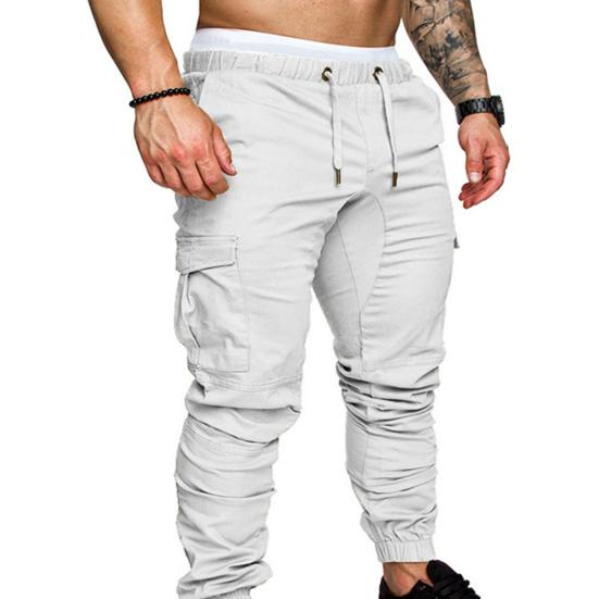 Männer Casual Einfarbig Taschen Taille Kordelzug Knöchel Gebunden Skinny Cargo Hosen S weiß