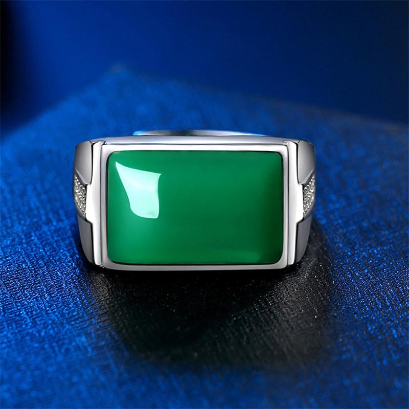 Neue Ankunft Männer Ring Kristall Rechteck Grün Finger Zubehör Vintage Chalcedon Einstellbare Ring Silber 925 Ring Männlichen Schmuck