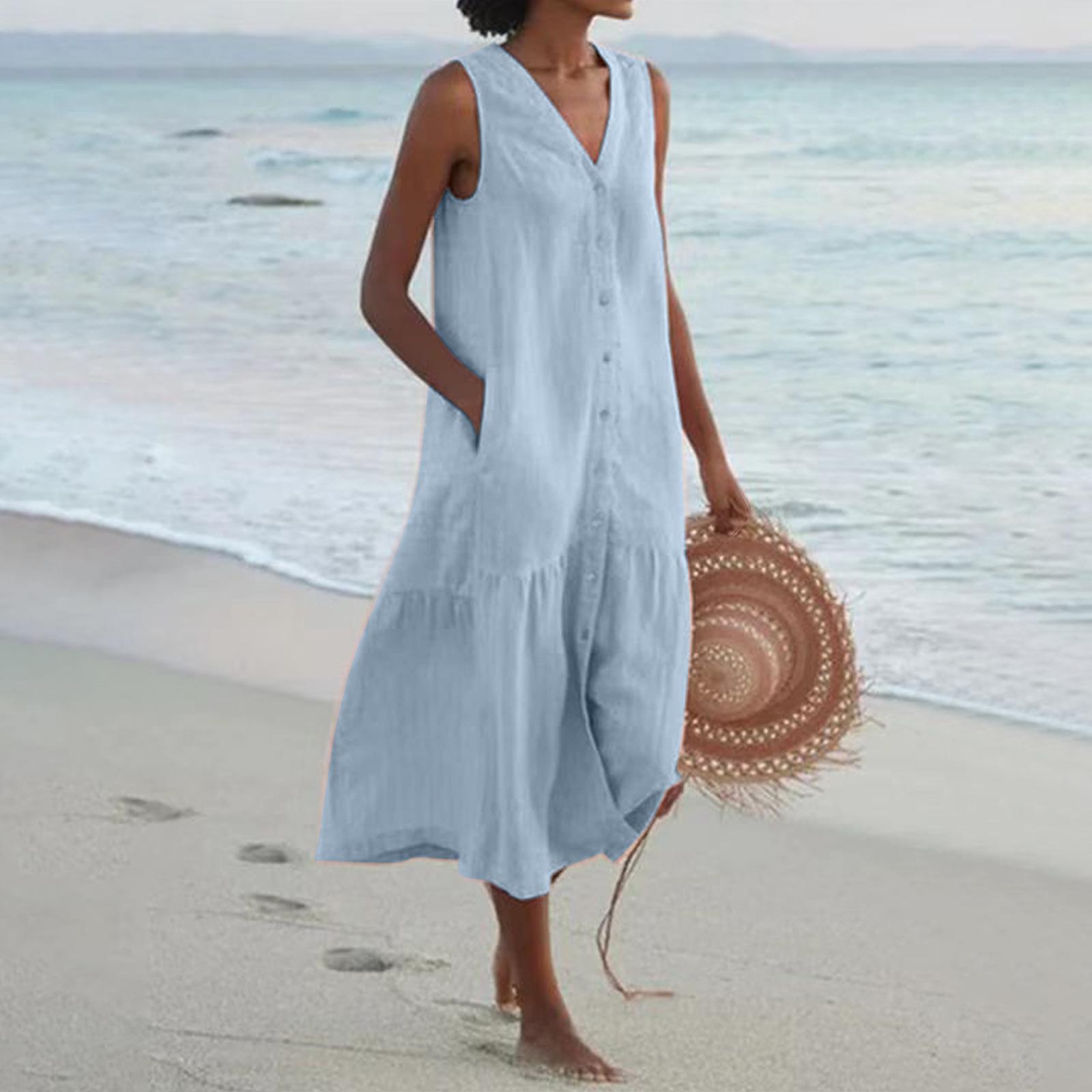 Sommer Baumwolle Leinen Locker Lässig Patchwork Taschen Kleid V-Ausschnitt Strandstil Kleid Ärmellos Vintage Einfarbig Damen Kleid XXXL hellblaue
