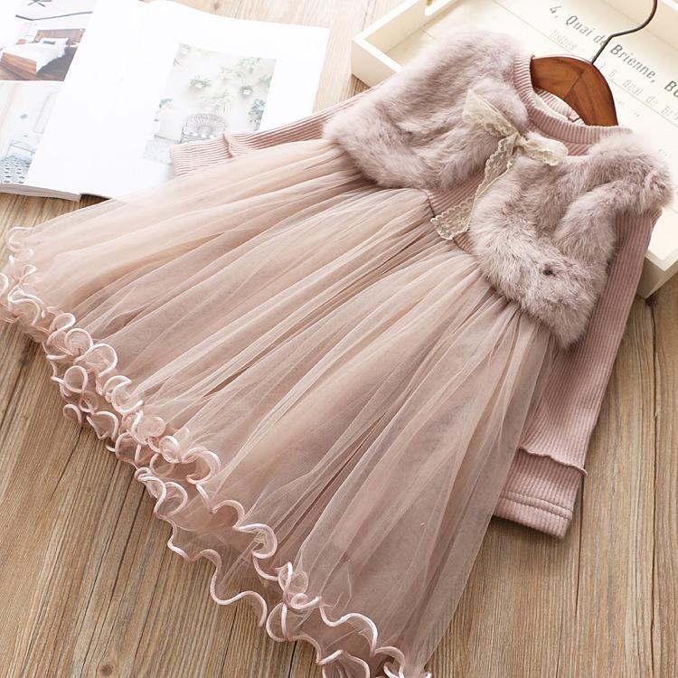 1-7 Jahre alt Winter Mädchen Rosa Langärmliges Spitzen Schleifen Kleid Baby Tanktop Kleid Kinderbekleidung Prinzessin Einfarbiges Kleid 90 beige