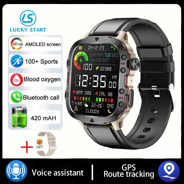 2026 Outdoor Militär 3ATM Wasserdichte Smartwatch Herren 420mAh Akku Herzfrequenz Sport Fitness Uhren Bluetooth Anruf Smartwatch leather grau