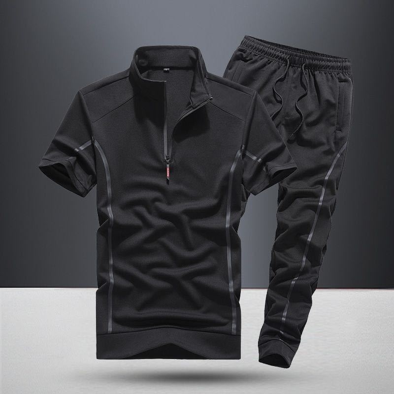 Herren Sommer Kurzarmanzug Lässiger Reißverschlusspullover Lockere Sporthose Zweiteilige Anzüge Kontrastfarben Bequeme Sets 2XL schwarz