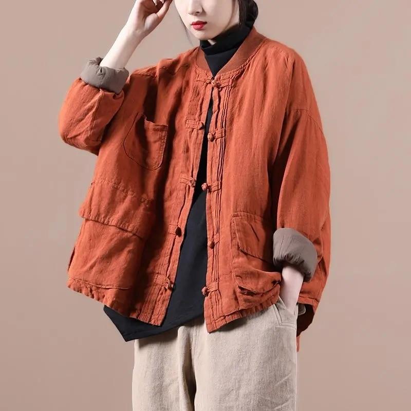 Johnature Damen Vintage-Jacken, einfarbig, Baumwolle, Leinen, Mäntel, Stehknopf, Patchwork-Taschen, Mäntel one size orange