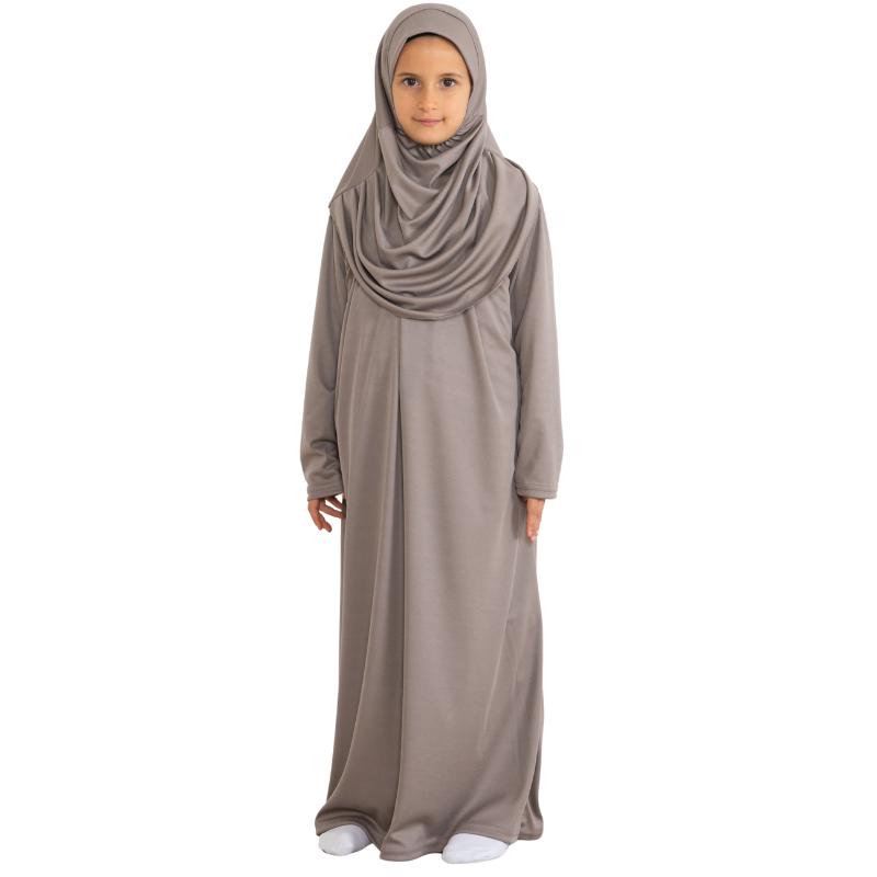 Gebetskleid für Kinder, muslimische Kleidung für Mädchen, langärmelig, Abaya mit Hijab, zweiteiliges Maxi-Islamisches Set, Schal, Kaftan, Jilbab dunkle vanille