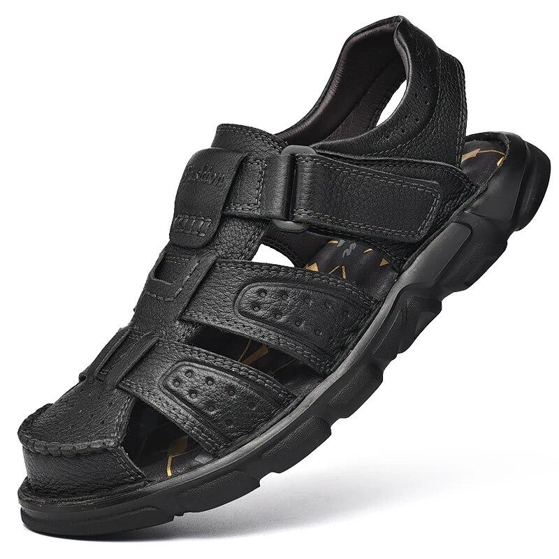 Echtes Leder Freizeitschuhe für Männer Klassische Männer Sandalen Sommer Outdoor Walking Männer Turnschuhe Atmungsaktive Männer Sandalen 48 schwarz