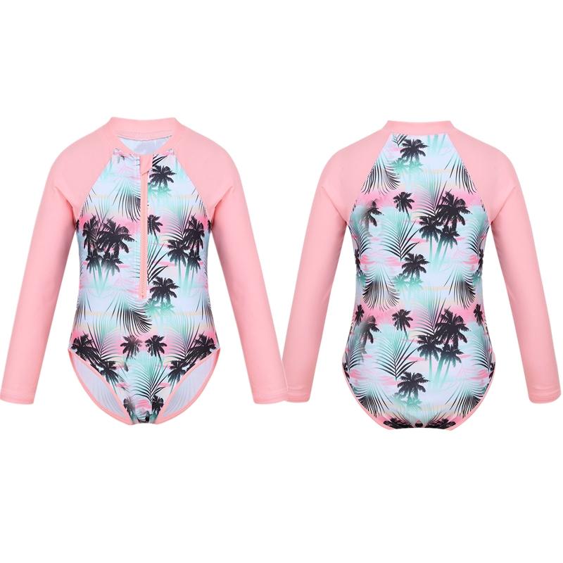 Kinder Mädchen Rush Guard Einteiliger Badeanzug Langarm Badeanzug Sunsuit Schwimmkostüm 7-8 Years hellrosa