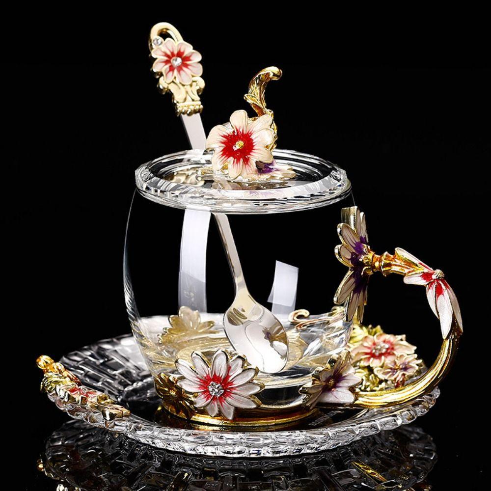Emaille-Blumen-Teetassen-Teller-Set, elegantes Blumen-Teetassen-Set, ausgefallene Glas-Kaffeetassen, Mutter-Geschenk Short Cup&Spoon&Lid&Plate