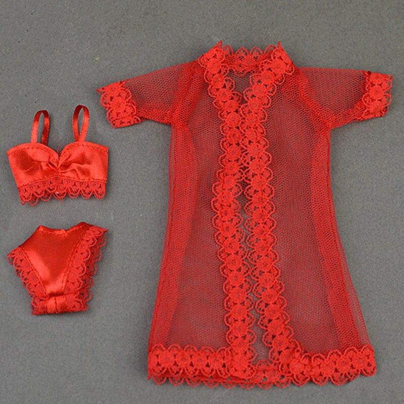 Puppenzubehör Sexy rote Kleidung für Barbie Pyjamas Dessous Spitzenmantel + BH + Unterwäsche Kleidung für Barbie-Puppenkleidung rot