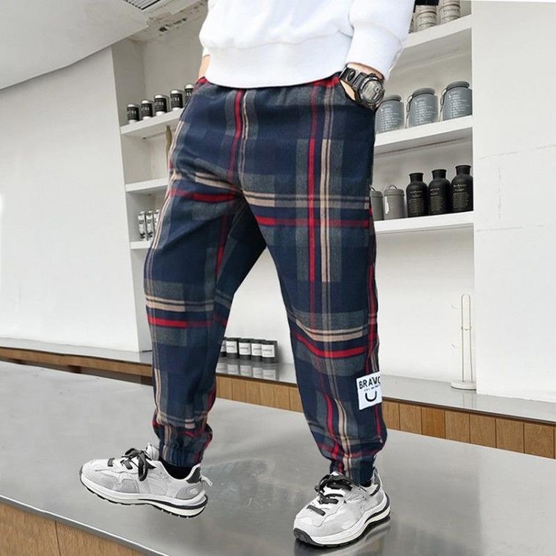 Frühlings- und Herbst-Kinderhosen für Jungen, Jogginghose, atmungsaktiv, kariert, Freizeithose, lockere und bequeme Hose 140 rot