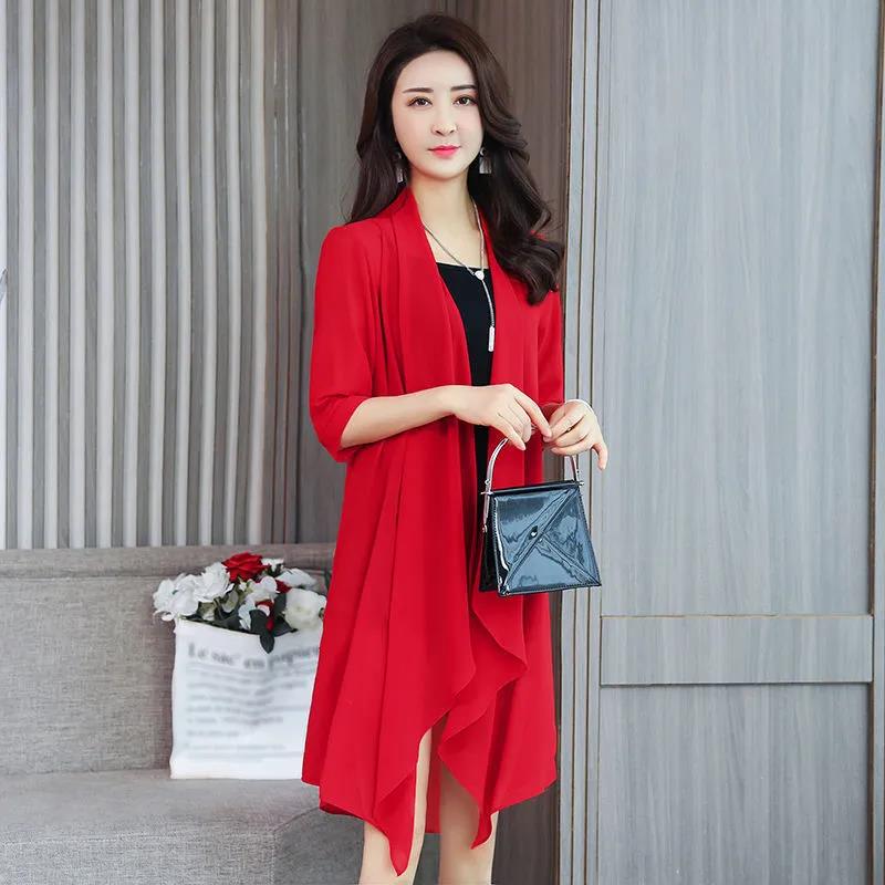Sommer-Chiffon-Hemd, mittellang, ultradünner Mantel, Damen-Sonnenschutz-Hemd, Klimaanlagen-Hemd, einfarbig, Schal-Cardigan XL rot