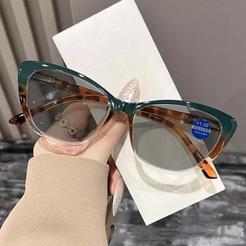 Damen Trendige Cat-Eye Alterssichtigkeit Sonnenbrille Damen Elegant Farbblockrahmen Anti Blaulicht Lesebrille Brille Dioptrie +400 grün