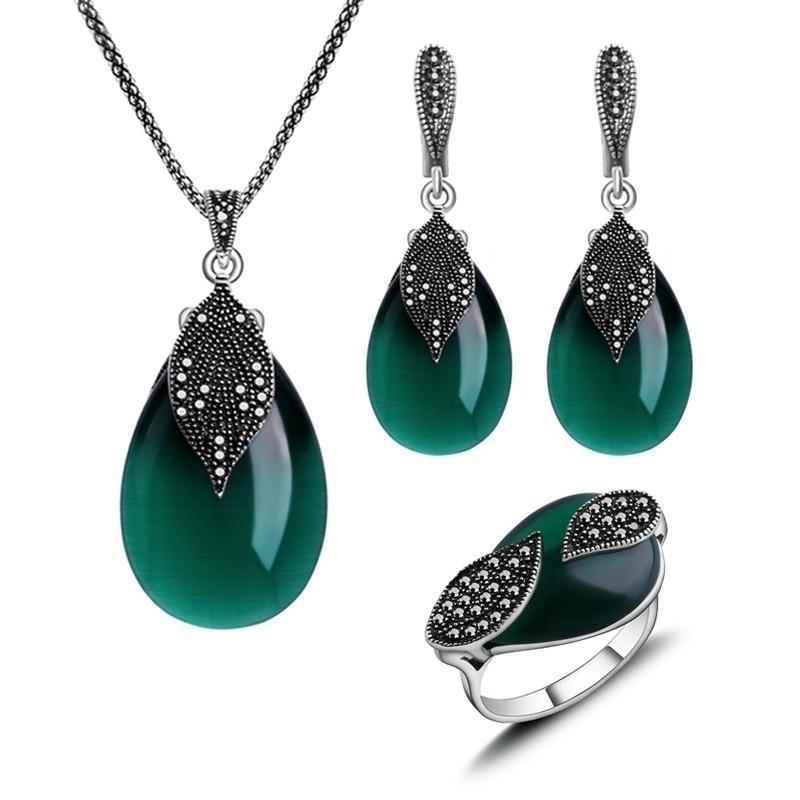 Vintage Damen Schmuckset Halskette Ohrring Ring Set Blatt Wassertropfen Halskette Ohrring Set Halskette Ohrring Ring Schmucksets Damen Schmucksets Size 7 grün
