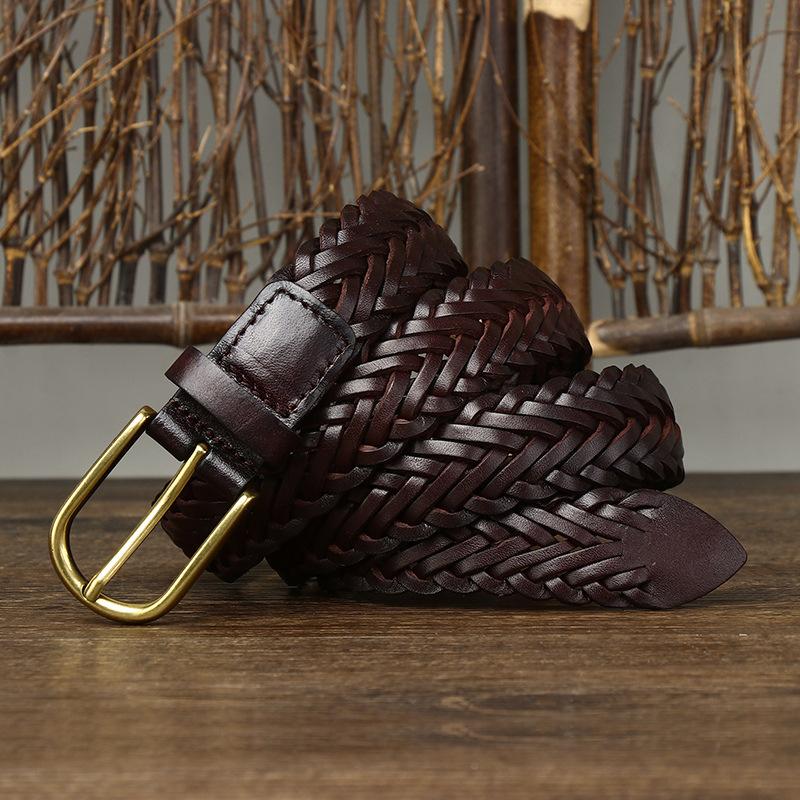 Herren Echtleder Geflochtener Gürtel Rindsleder Handgefertigt Gewebt Dornschließe Paar Freizeit Allround-Gürtel One size: 105cm-112cm