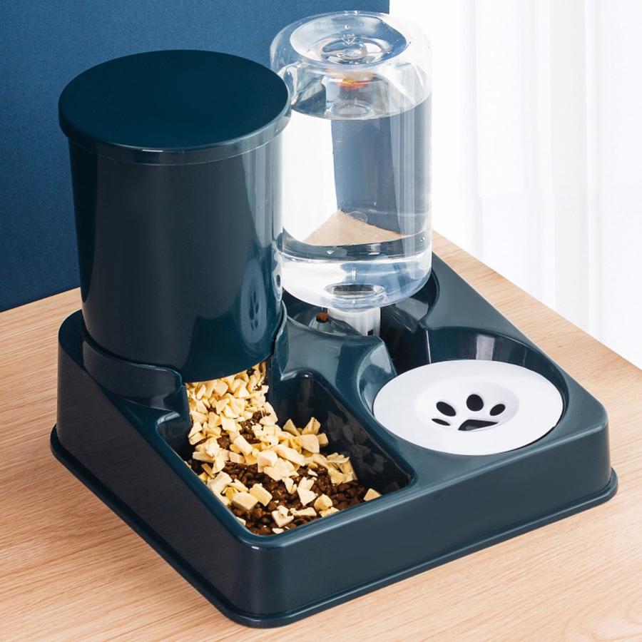 Automatisches Katzenfutter- und Wasserspender-Set, 2-in-1-geneigter automatischer Futter- und Wasserspender für Haustiere, Schwerkraft-Futter- und Wasserspender M blau