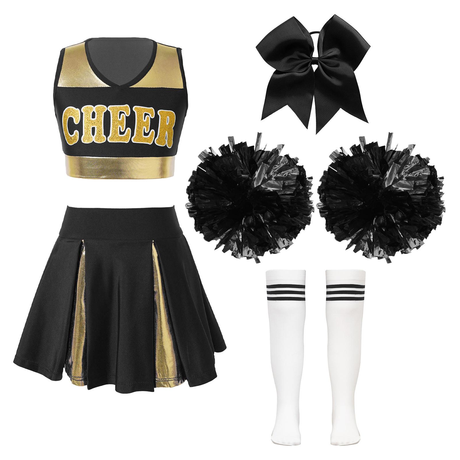 Glänzendes Cheerleading-Kostüm für Kinder, Mädchen, Schulmädchen-Tanzkleid, Uniform, komplettes Outfit mit Pompons für die Halloween-Party 7-8 Years schwarz/weiß