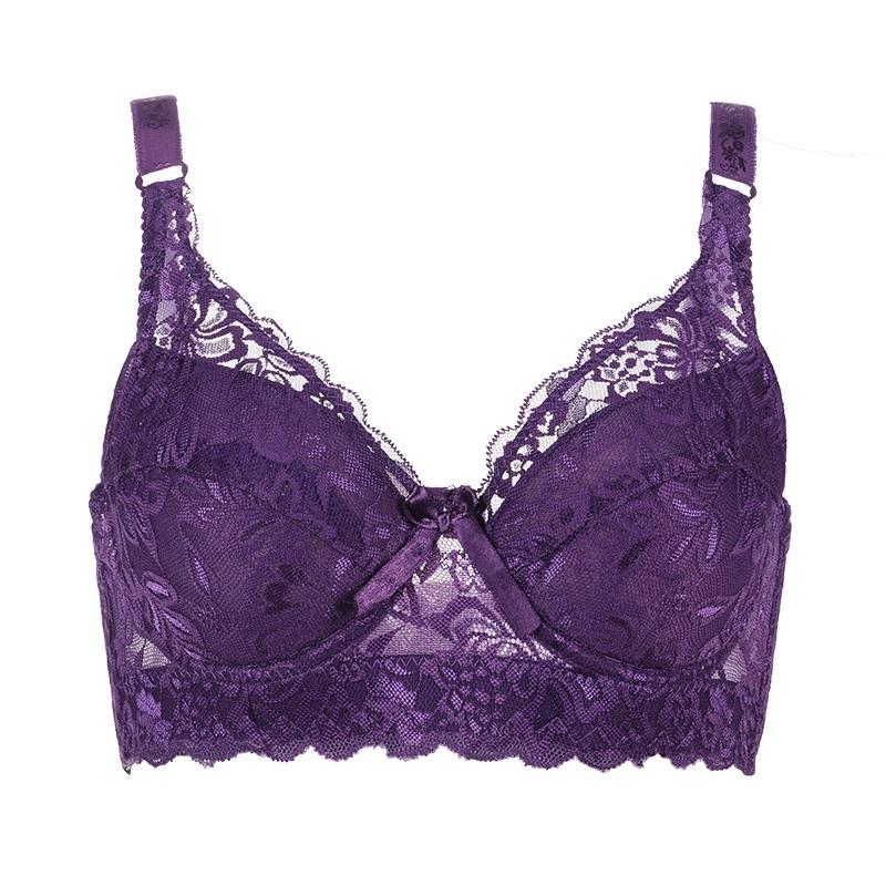 Plus Size 36-46 Damen Push-Up-Dessous, sexy einfarbiger Bügel-BH, floraler Spitzen-BH, dünn, bequem, atmungsaktiv, Damenunterwäsche 44/100C violett